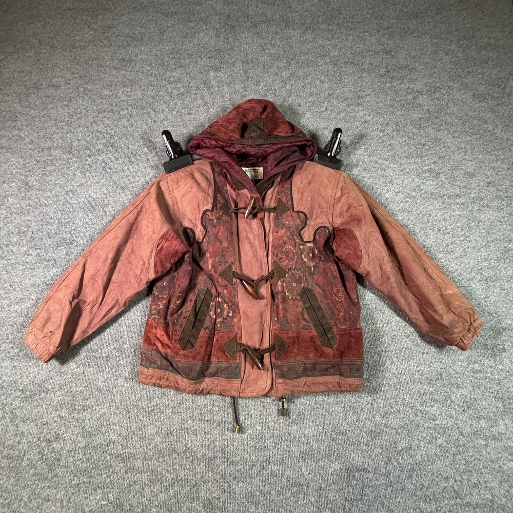 VTG Petite Sophisticate Brown Patchwork Leather Toggle Jacket Womens P Boho Chic